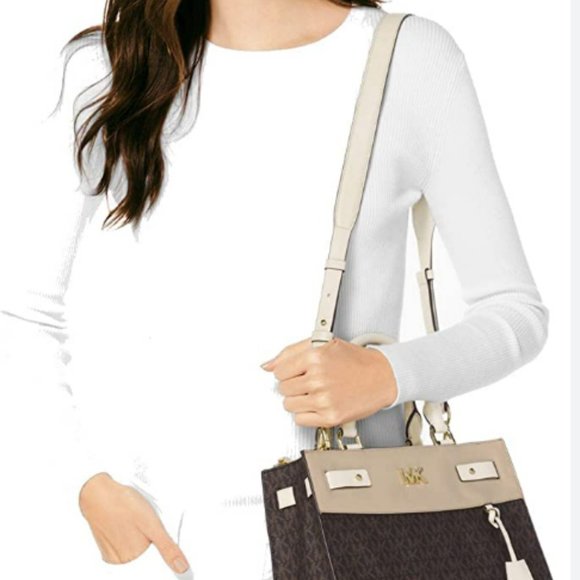 Michael Kors Reagan Large Satchel Signature Brown Soft Pink Fawn Coated Twill - Picture 3 of 11